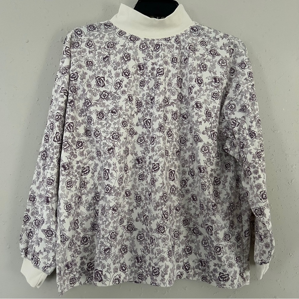 Paris Sport Club Vintage Cream Purple Floral Mockneck Long Sleeve Blouse Large